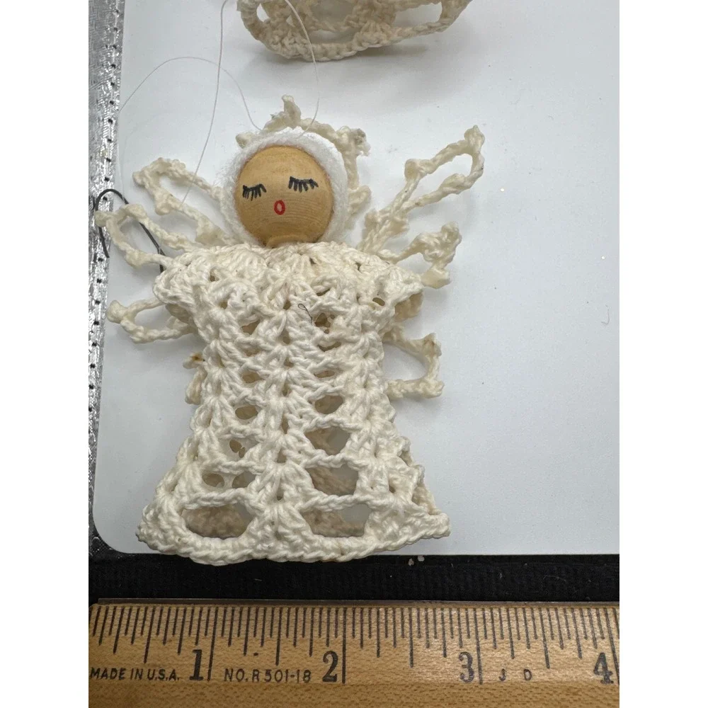 Vintage Handmade Crochet Angel Christmas Ornaments Wood Bead Face Set of 3 Cream
